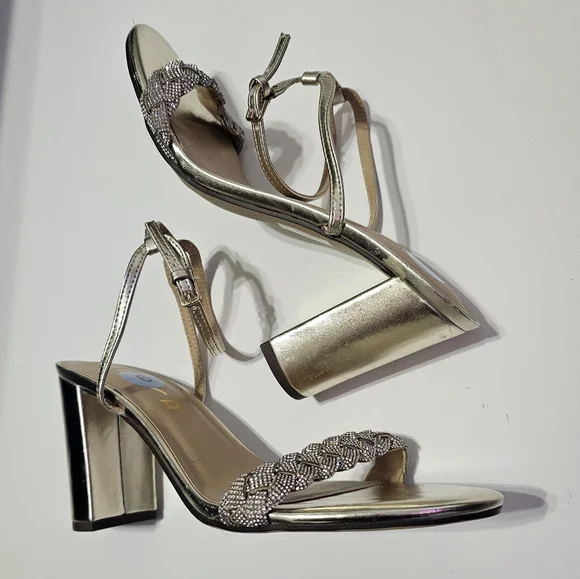 Rhinestone gold braided strappy block heel party shoes size 9 - Picture 2 of 15